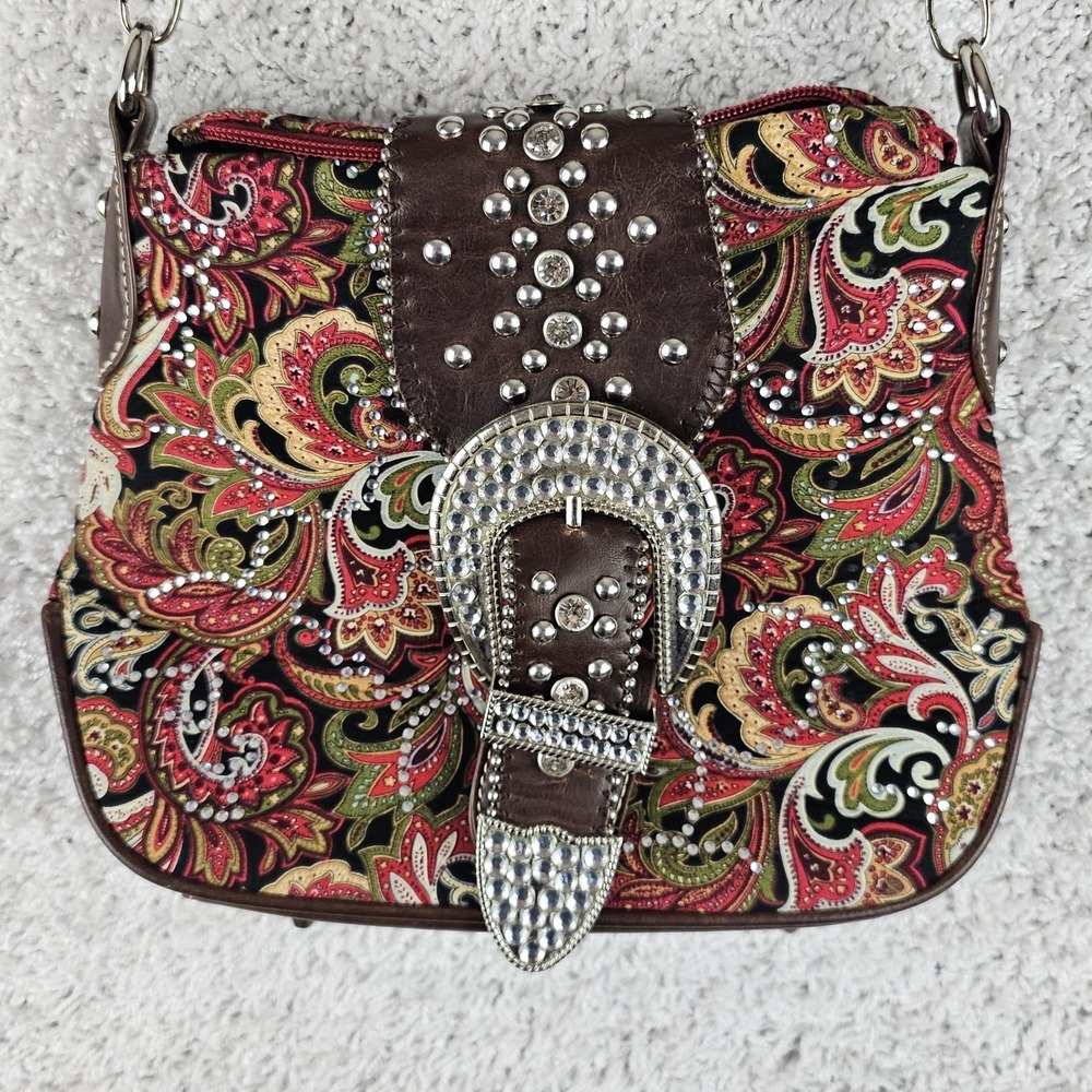 Montana‎ West Red Paisley Crossbody Handbag Satchel Purse Rhinestones Western